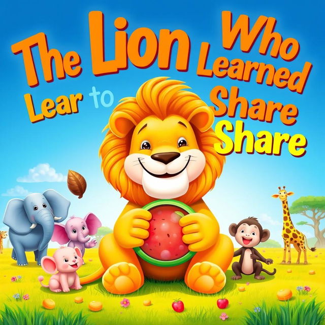 A heartwarming cover image for a children's story titled 'The Lion Who Learned to Share'