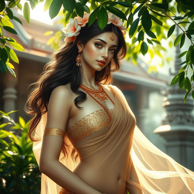 A beautiful semi-nude Hindu Apsara, gracefully posed, wearing a transparent shawl that flows elegantly around her