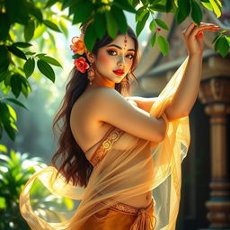 A beautiful semi-nude Hindu Apsara, gracefully posed, wearing a transparent shawl that flows elegantly around her