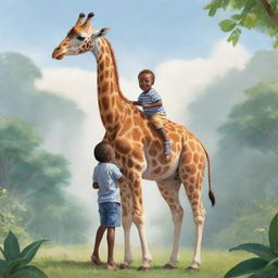 Illustration of a friendly giraffe with an adorable child on its back, set in a serene paradise-like setting.