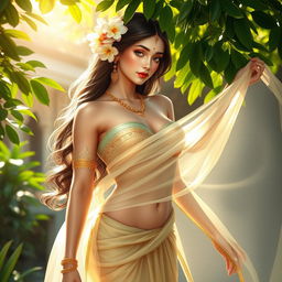 A beautiful semi-nude Hindu Apsara, gracefully posed, wearing a transparent shawl that flows elegantly around her