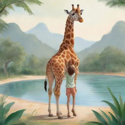 Illustration of a friendly giraffe with an adorable child on its back, set in a serene paradise-like setting.