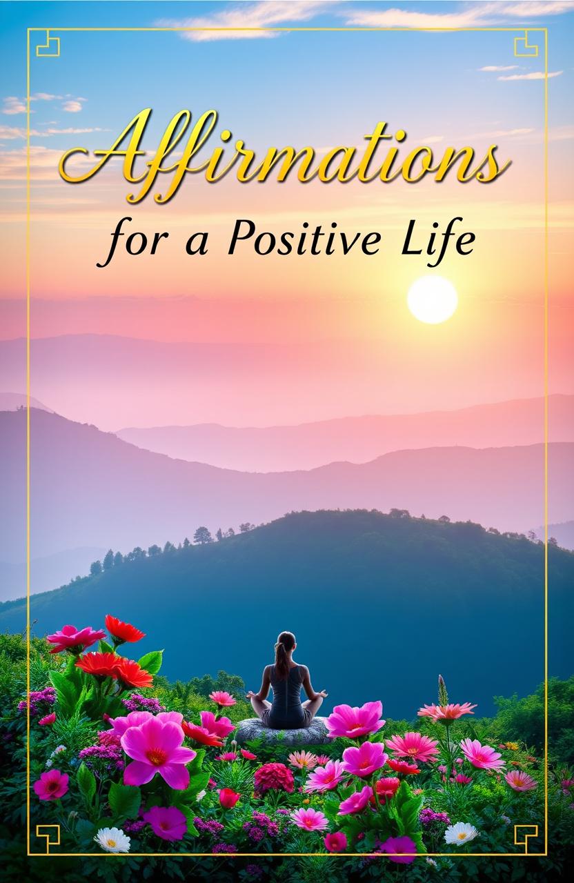 A visually stunning book cover for an affirmations book, featuring a serene landscape with a soft sunrise in the background