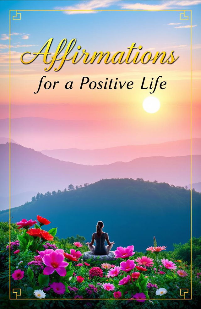 A visually stunning book cover for an affirmations book, featuring a serene landscape with a soft sunrise in the background