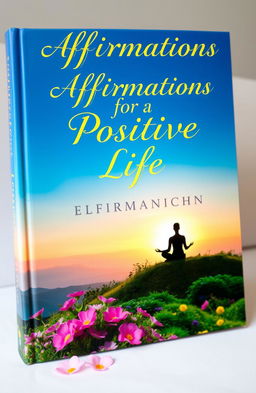 A visually stunning book cover for an affirmations book, featuring a serene landscape with a soft sunrise in the background