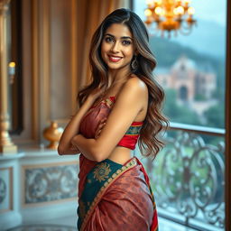 A beautiful 40-year-old Indian woman, with fair skin and elegant features, wearing a low waist saree that stylishly drapes her figure
