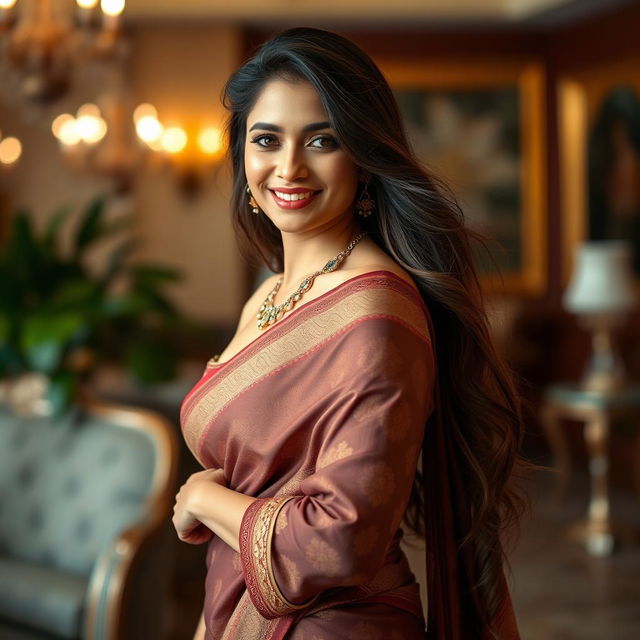 A beautiful 40-year-old Indian woman, with fair skin and elegant features, wearing a low waist saree that stylishly drapes her figure