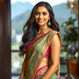 A beautiful 40-year-old Indian woman, with fair skin and elegant features, wearing a low waist saree that stylishly drapes her figure