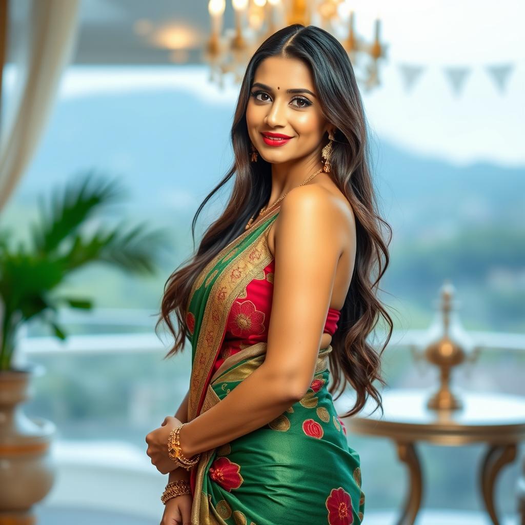 A beautiful 40-year-old Indian woman, with fair skin and elegant features, wearing a low waist saree that stylishly drapes her figure