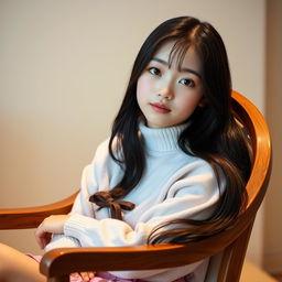 A full-body portrait of a cute Japanese girl sitting in a chair