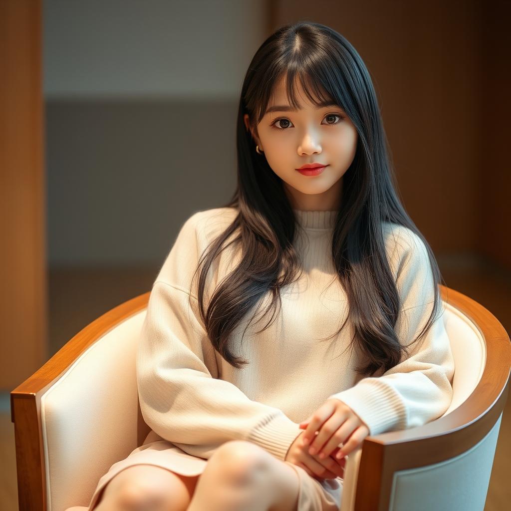 A full-body portrait of a cute Japanese girl sitting in a chair