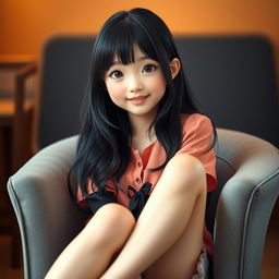 A realistic full-body portrait of a cute Japanese girl sitting comfortably in a chair