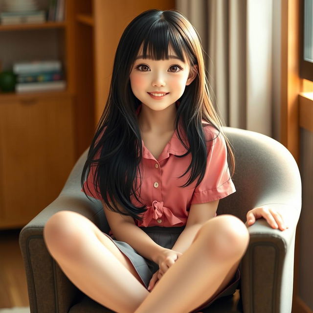 A realistic full-body portrait of a cute Japanese girl sitting comfortably in a chair