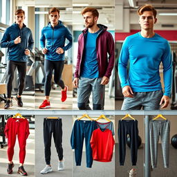 A stylish collection of men's sportswear displayed in an active setting