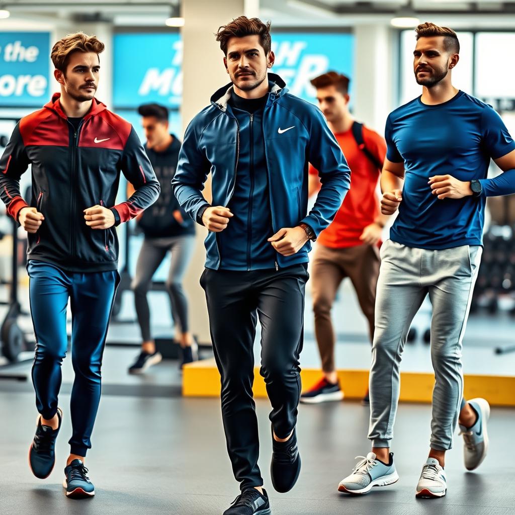 A stylish collection of men's sportswear displayed in an active setting