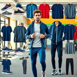 A stylish collection of men's sportswear displayed in an active setting