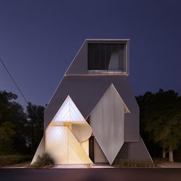 A two-story building whose front face consists of geometric figures, specifically, a circle on the top floor and a triangle on the ground floor.