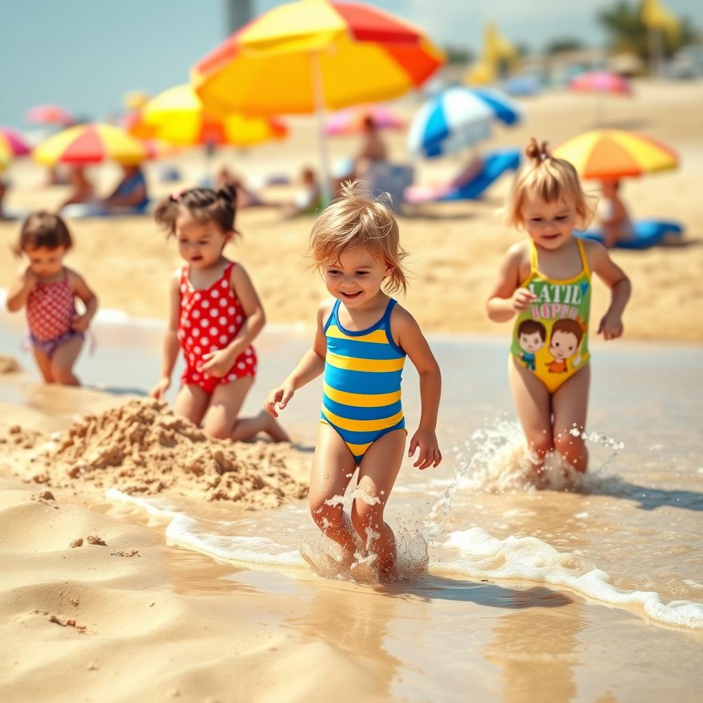 A colorful and playful scene at a sunny beach featuring children in bright swimsuits
