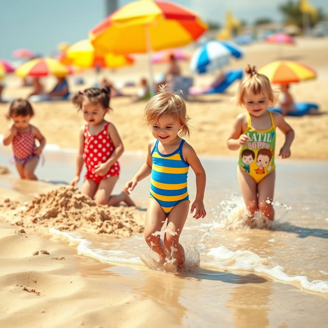 A colorful and playful scene at a sunny beach featuring children in bright swimsuits