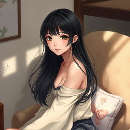 A realistic and artistic portrayal of a cute Japanese girl sitting on a chair in a relaxed manner