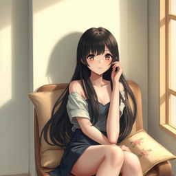 A realistic and artistic portrayal of a cute Japanese girl sitting on a chair in a relaxed manner
