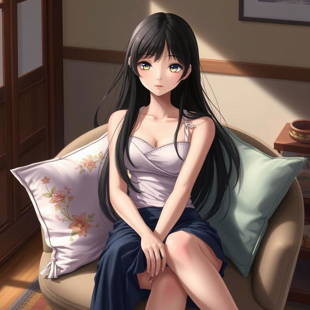 A realistic and artistic portrayal of a cute Japanese girl sitting on a chair in a relaxed manner