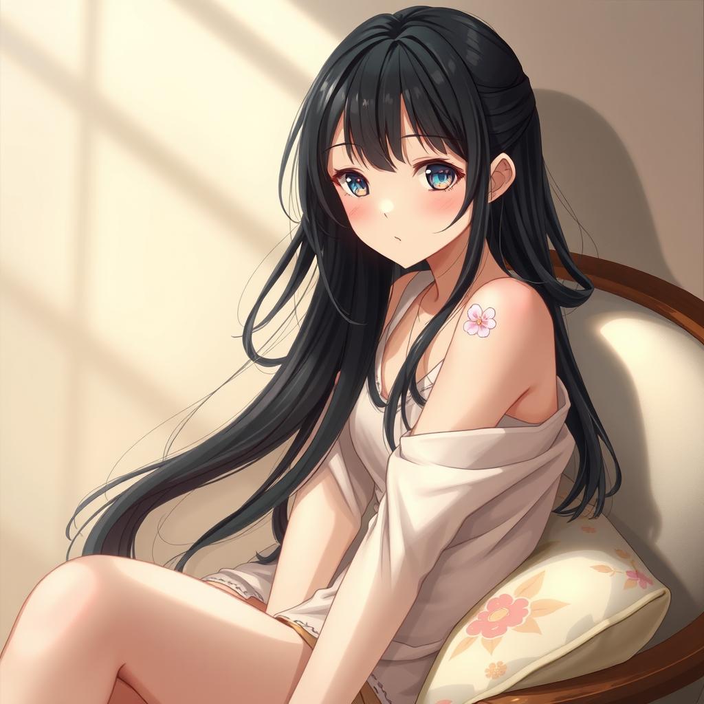 A realistic and artistic portrayal of a cute Japanese girl sitting on a chair in a relaxed manner