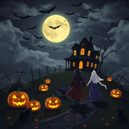 A spooky Halloween night scene featuring a haunted house on a hill, illuminated by a full moon