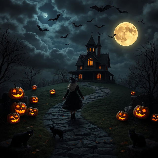 A spooky Halloween night scene featuring a haunted house on a hill, illuminated by a full moon