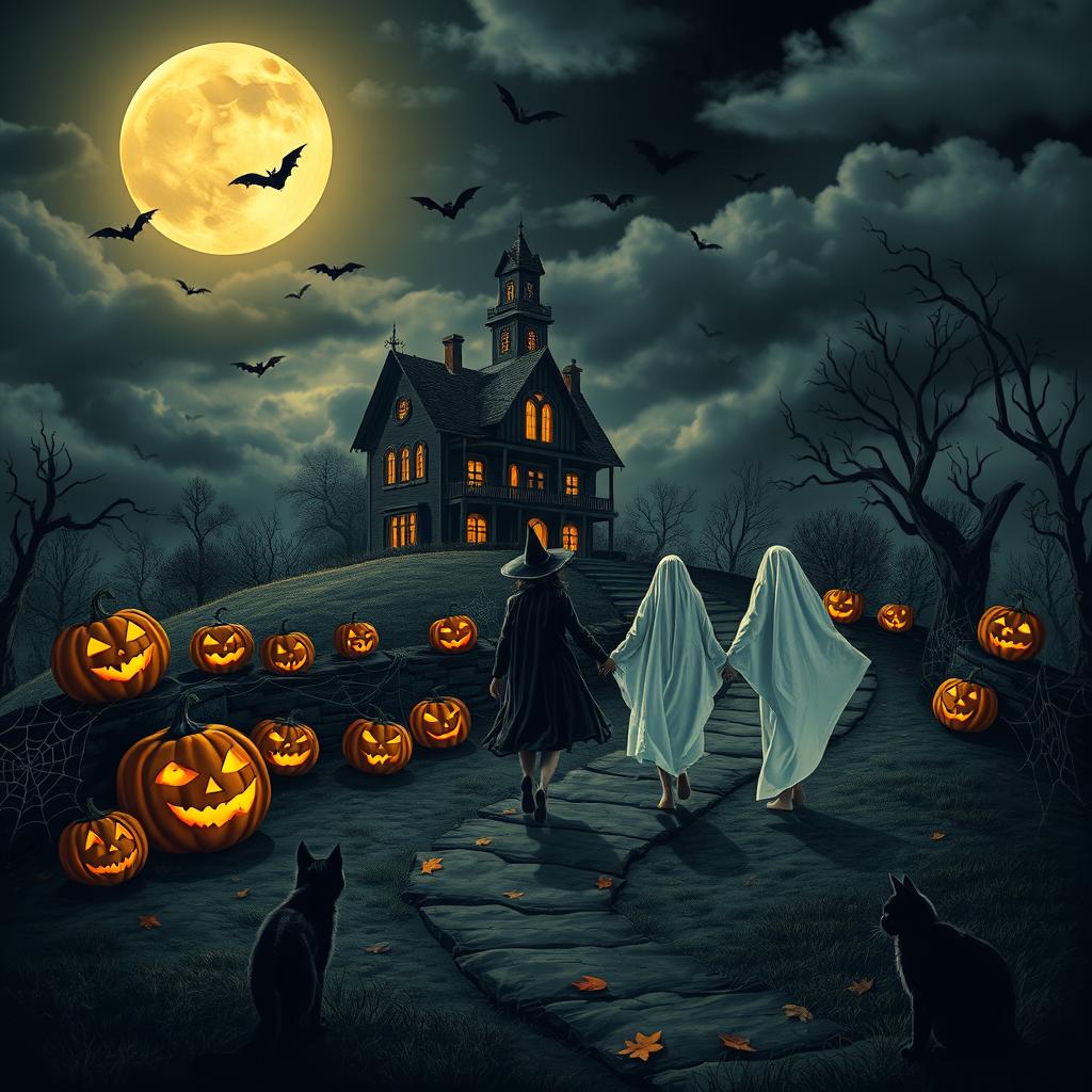 A spooky Halloween night scene featuring a haunted house on a hill, illuminated by a full moon