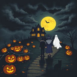 A spooky Halloween night scene featuring a haunted house on a hill, illuminated by a full moon