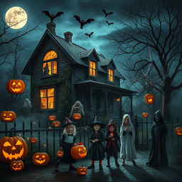 A spooky Halloween scene featuring a haunted house at night, illuminated by a full moon