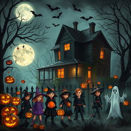 A spooky Halloween scene featuring a haunted house at night, illuminated by a full moon