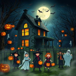 A spooky Halloween scene featuring a haunted house at night, illuminated by a full moon