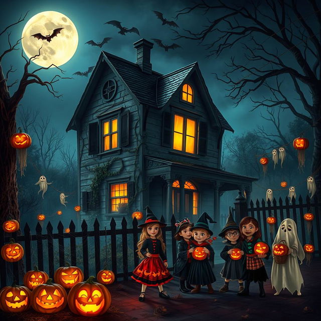 A spooky Halloween scene featuring a haunted house at night, illuminated by a full moon