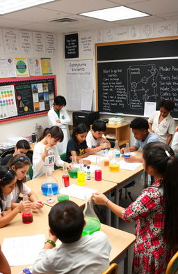 A creative and innovative classroom setting showcasing various natural science experiments, featuring diverse students engaged in activities like extracting DNA from strawberries, growing crystals, and observing chemical reactions with colorful substances