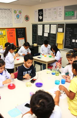 A creative and innovative classroom setting showcasing various natural science experiments, featuring diverse students engaged in activities like extracting DNA from strawberries, growing crystals, and observing chemical reactions with colorful substances