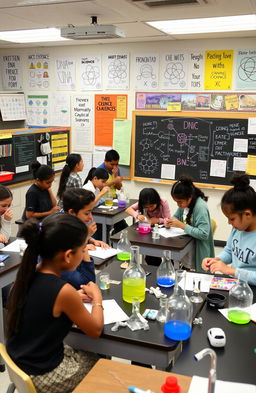 A creative and innovative classroom setting showcasing various natural science experiments, featuring diverse students engaged in activities like extracting DNA from strawberries, growing crystals, and observing chemical reactions with colorful substances