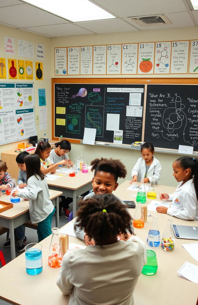 A creative and innovative classroom setting showcasing various natural science experiments, featuring diverse students engaged in activities like extracting DNA from strawberries, growing crystals, and observing chemical reactions with colorful substances