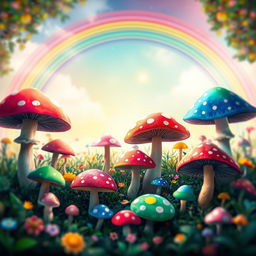 A whimsical scene featuring a vibrant background filled with oversized, colorful mushrooms of various shapes and sizes, set in a lush, enchanted forest