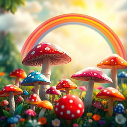 A whimsical scene featuring a vibrant background filled with oversized, colorful mushrooms of various shapes and sizes, set in a lush, enchanted forest