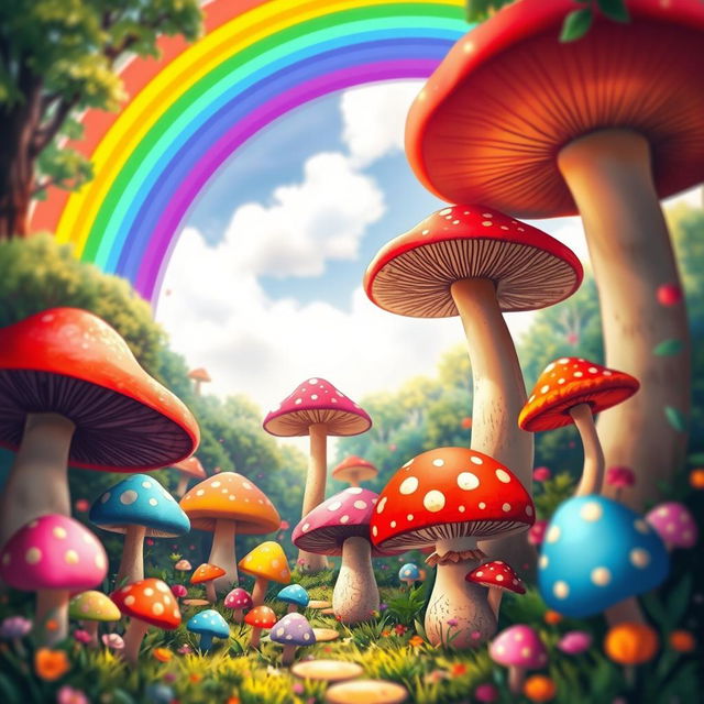 A whimsical scene featuring a vibrant background filled with oversized, colorful mushrooms of various shapes and sizes, set in a lush, enchanted forest