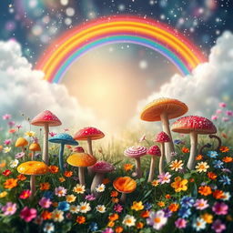 A stunning background filled with a variety of vibrant mushrooms interspersed with delicate, colorful flowers, creating a whimsical and enchanted garden atmosphere