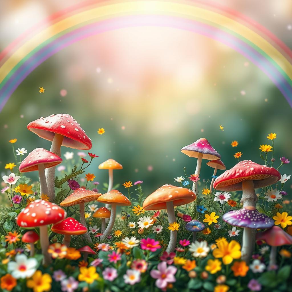 A stunning background filled with a variety of vibrant mushrooms interspersed with delicate, colorful flowers, creating a whimsical and enchanted garden atmosphere