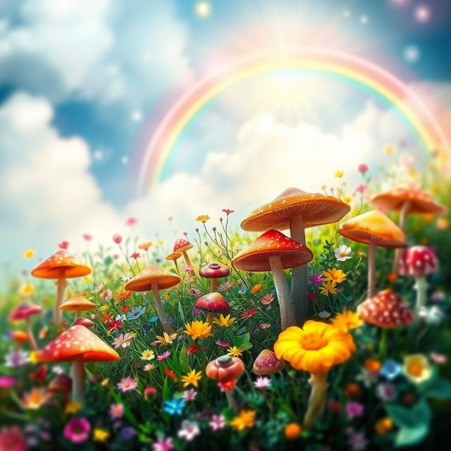 A stunning background filled with a variety of vibrant mushrooms interspersed with delicate, colorful flowers, creating a whimsical and enchanted garden atmosphere