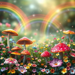 A stunning background filled with a variety of vibrant mushrooms interspersed with delicate, colorful flowers, creating a whimsical and enchanted garden atmosphere