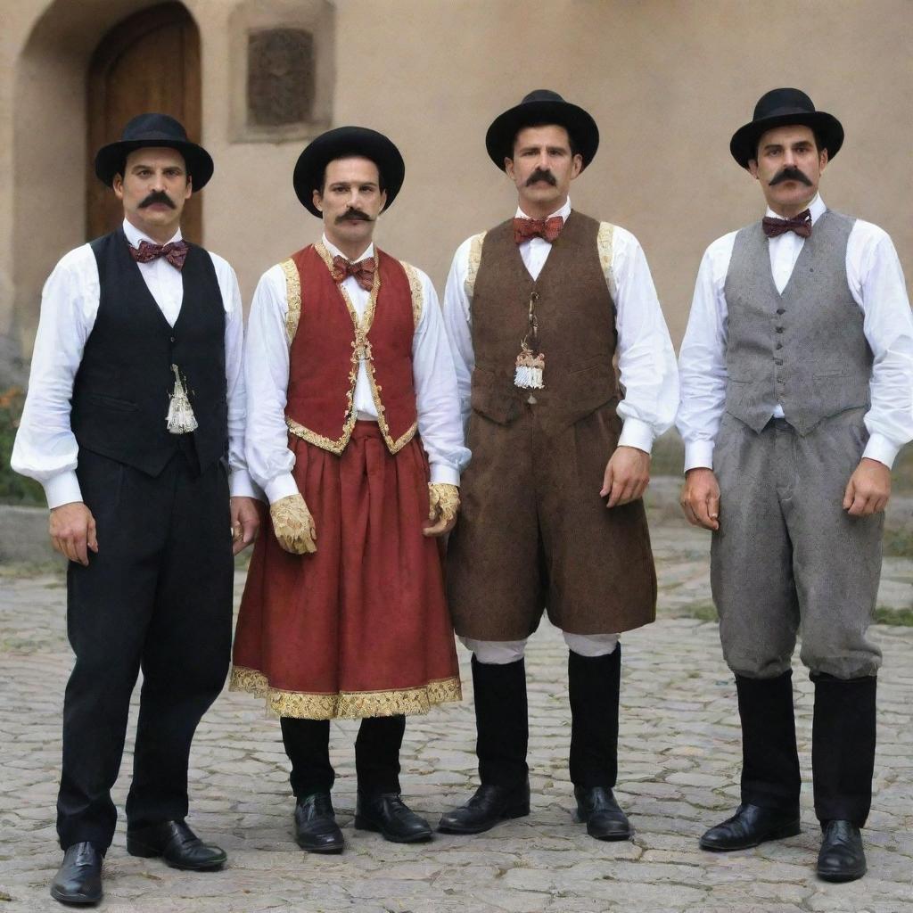 A group of people donned in traditional Serbian attire, complemented by gloves and full, well-groomed mustaches