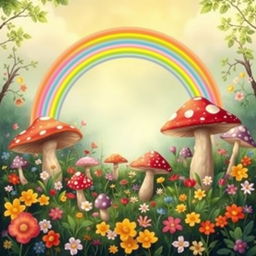 A vibrant and enchanting scene featuring a rich background filled with a variety of colorful mushrooms nestled amidst blooming flowers, creating a magical forest atmosphere