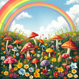 A vibrant and enchanting scene featuring a rich background filled with a variety of colorful mushrooms nestled amidst blooming flowers, creating a magical forest atmosphere