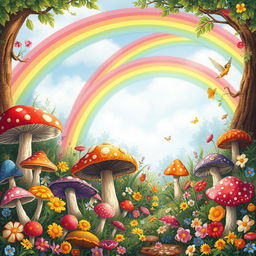 A vibrant and enchanting scene featuring a rich background filled with a variety of colorful mushrooms nestled amidst blooming flowers, creating a magical forest atmosphere